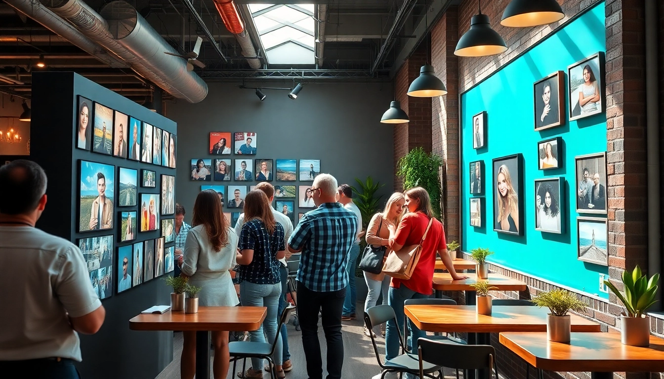 Engage with an interactive photo wall featuring vibrant images in a lively café setting.