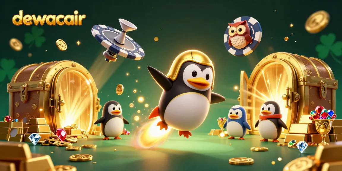 Experience thrilling slots at dewacair with a dazzling illustration of a penguin racing towards a golden casino.