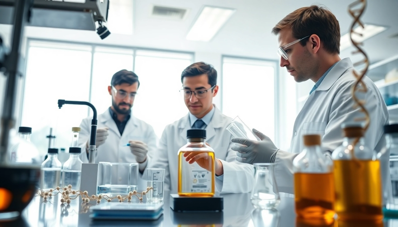 Scientists conducting Ion Peptides research in a bright laboratory with advanced equipment.