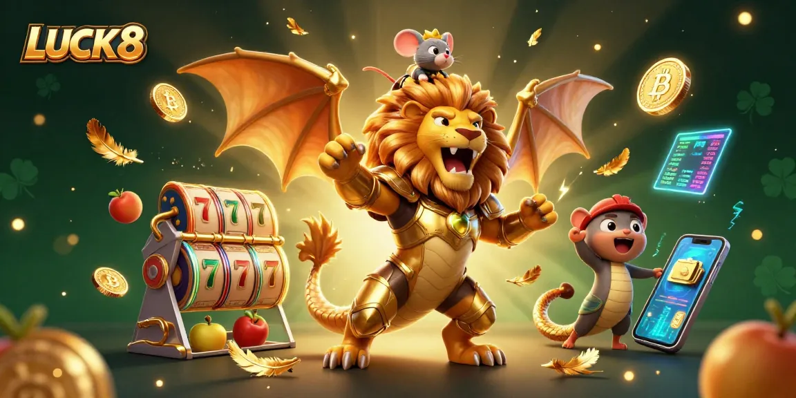 LUCK8 casino triumphantly portrays a chimera and a mouse jockey amidst slot reels and crypto coins.