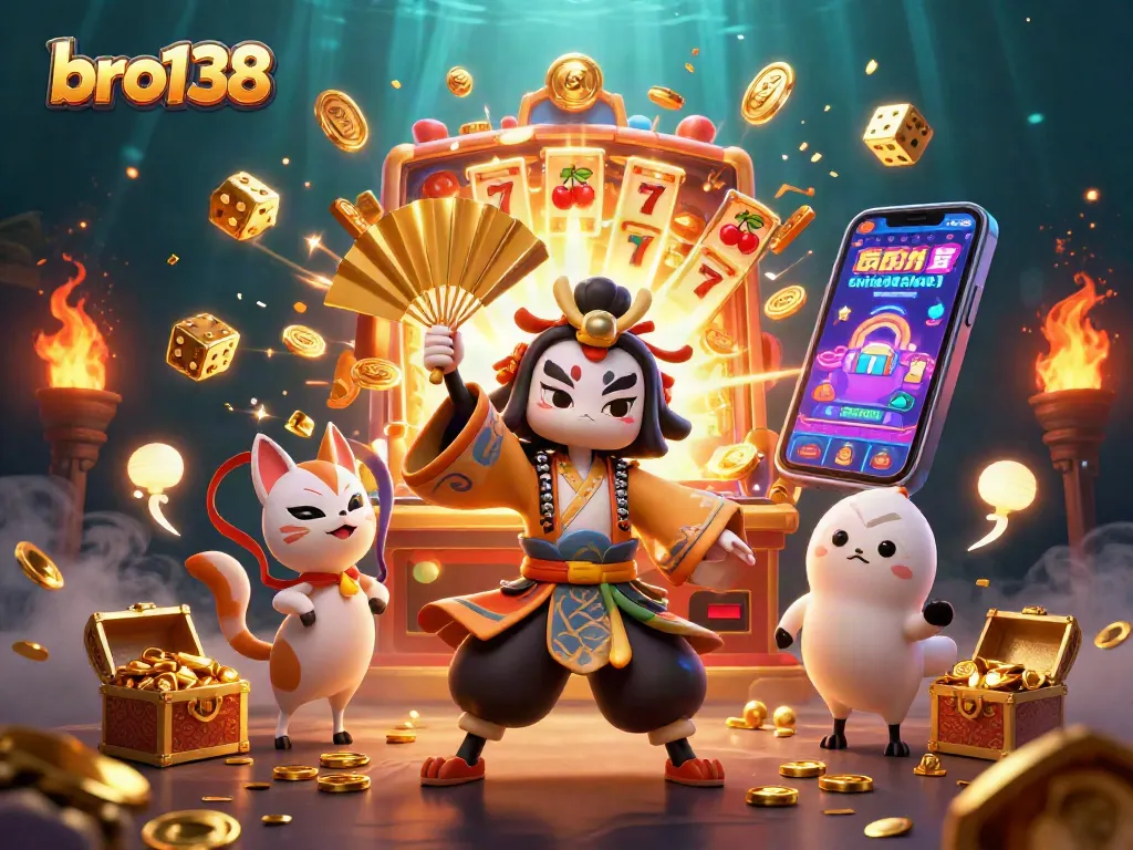 Play vibrant casino games with bro138 in this dynamic illustration showcasing jackpot excitement and golden treasures.