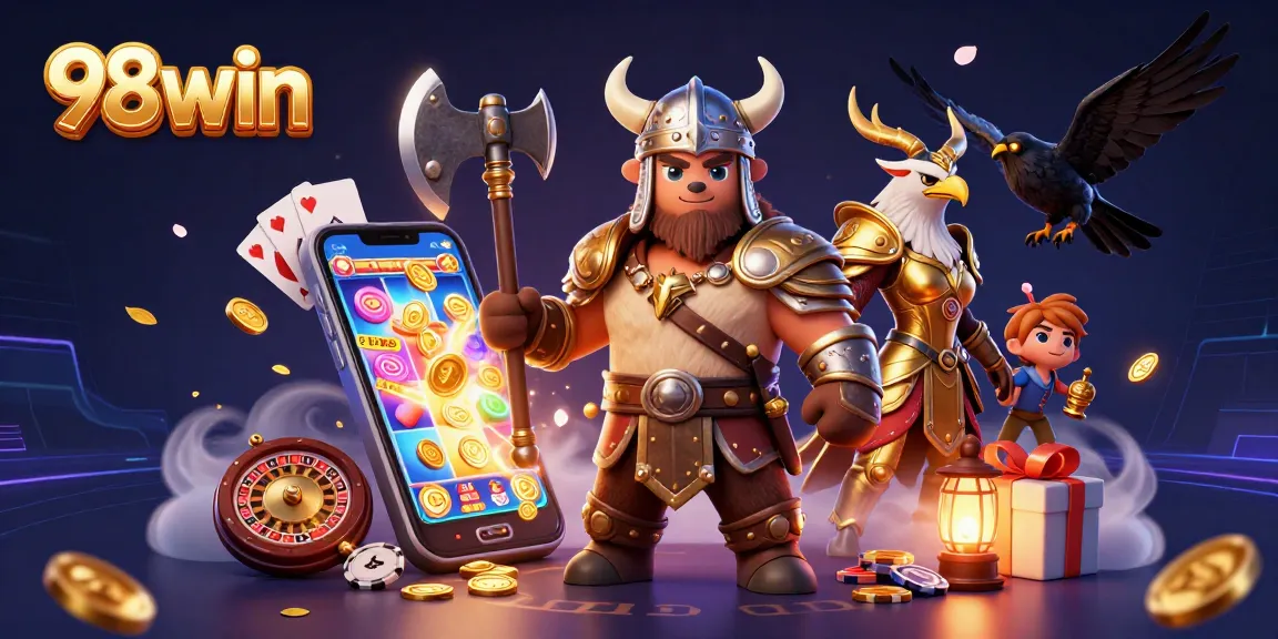Join the action at 98win with a Viking bear and Valkyrie eagle in a vibrant casino adventure.