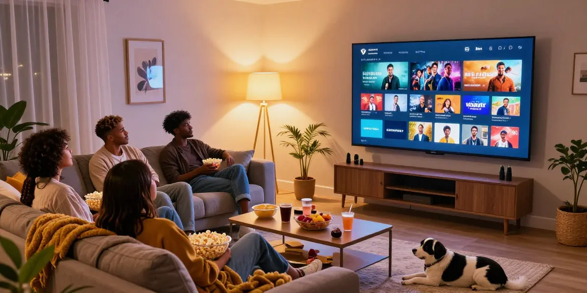 Friends enjoying a cozy movie night with 10 pila premium content access, snacks, and a warm atmosphere.