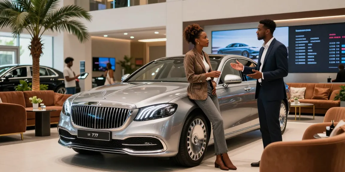 Pasangan melihat mobil mewah LUXURY 777 di showroom yang elegan dengan suasana mewah dan nyaman.