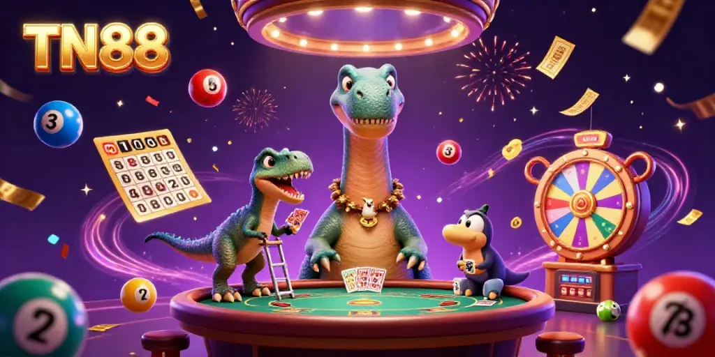Engage with TN88 as a towering brontosaurus oversees the casino action with colorful lottery balls and dynamic elements.