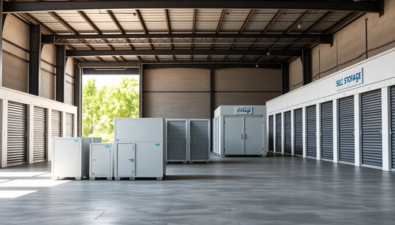 View of various self storage units arranged neatly in an urban warehouse setting.