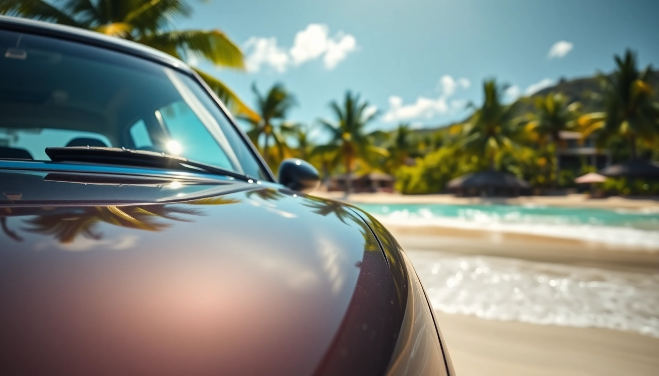 Rent mini cooper St Barths on a beautiful beach, highlighting a relaxing vacation vibe.