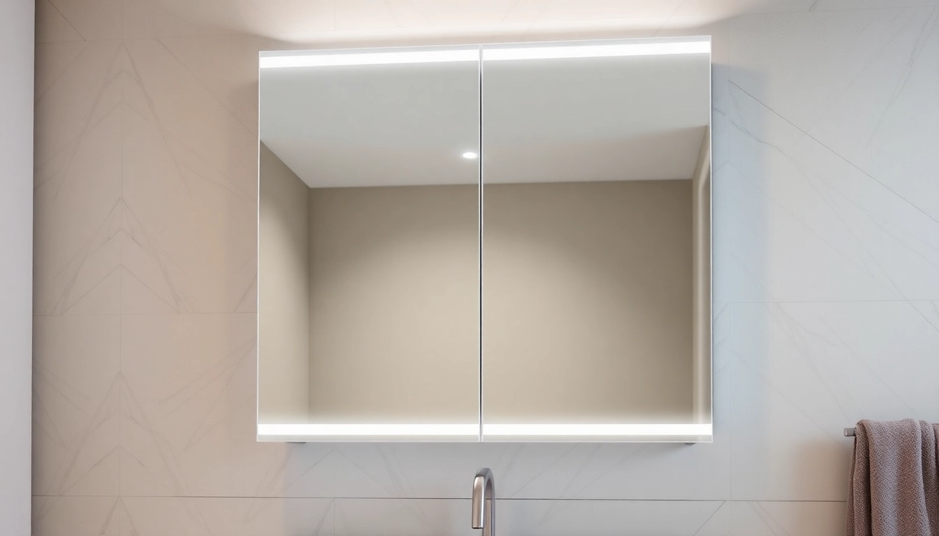 Spiegelschrank mit Beleuchtung Bad, moderner Designspiegelschrank mit integrierter LED-Beleuchtung für stilvolle Badezimmer.