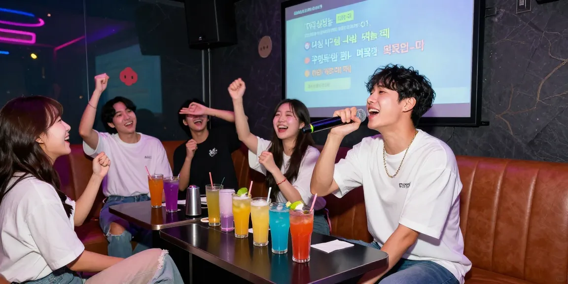 인천쓰리노에서 친구들과 즐거운 시간을 보내는 모습, 화려한 조명과 노래방 분위기 강조