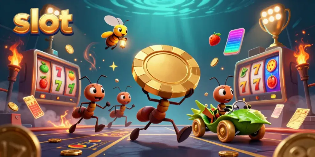 Ants executing a heist with oversized golden slot poker chip in a vivid casino-themed scene.