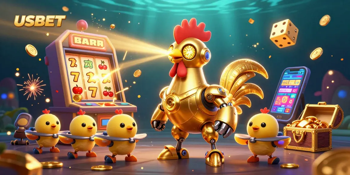 Experience thrilling casino action with the USBET golden rooster logo amidst dramatic 3D elements.