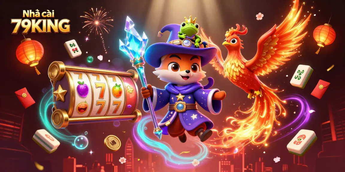 Engage with Nhà cái 79KING through a vibrant 3D scene filled with slot reels and mystical creatures.