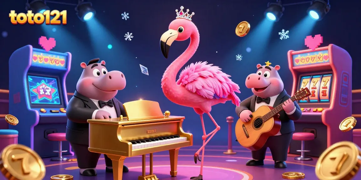 Engage with thrilling slots and vibrant games on toto121's animated casino scene featuring playful characters.