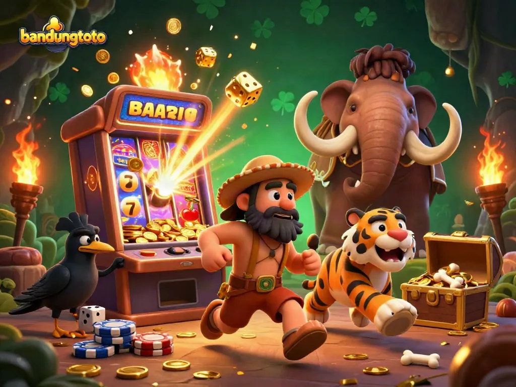 Experience excitement with bandungtoto in this lively prehistoric casino scene, showcasing slots, poker, and vibrant characters.