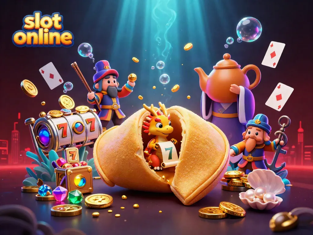Experience slot online magic with a giant golden fortune cookie and treasure in this vibrant 3D scene.