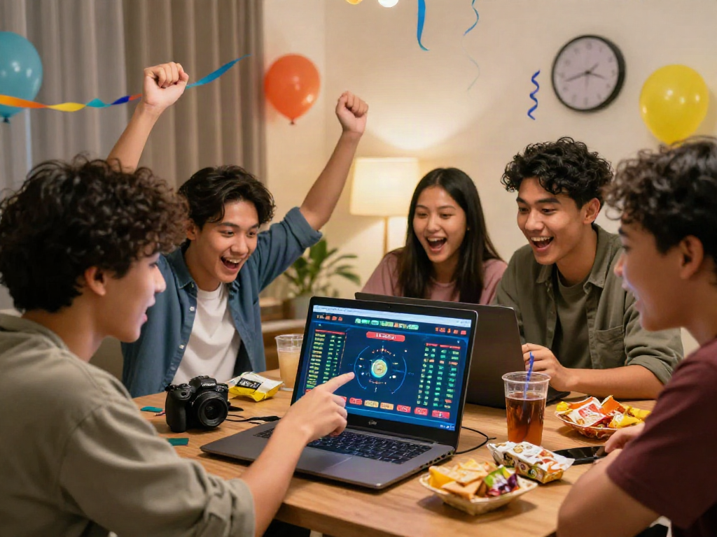 Friends enjoying online gambling with kebuntoto on a laptop during game night.