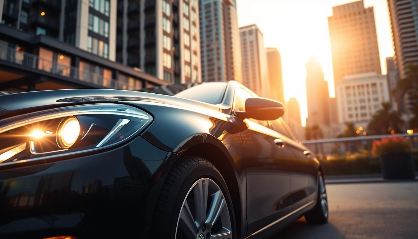 Experience the luxury of black car service vancouver with a sleek sedan set in an elegant urban backdrop.