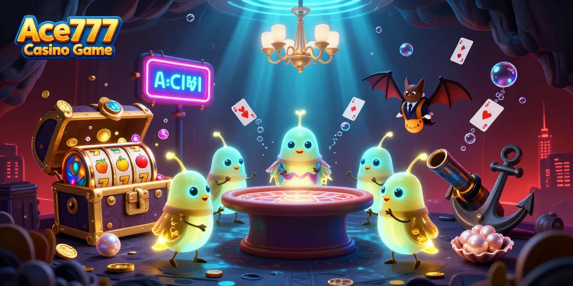 Ace777 Casino Game features a vibrant scene of glowworms illuminating a lively cave casino with slot games and treasure.