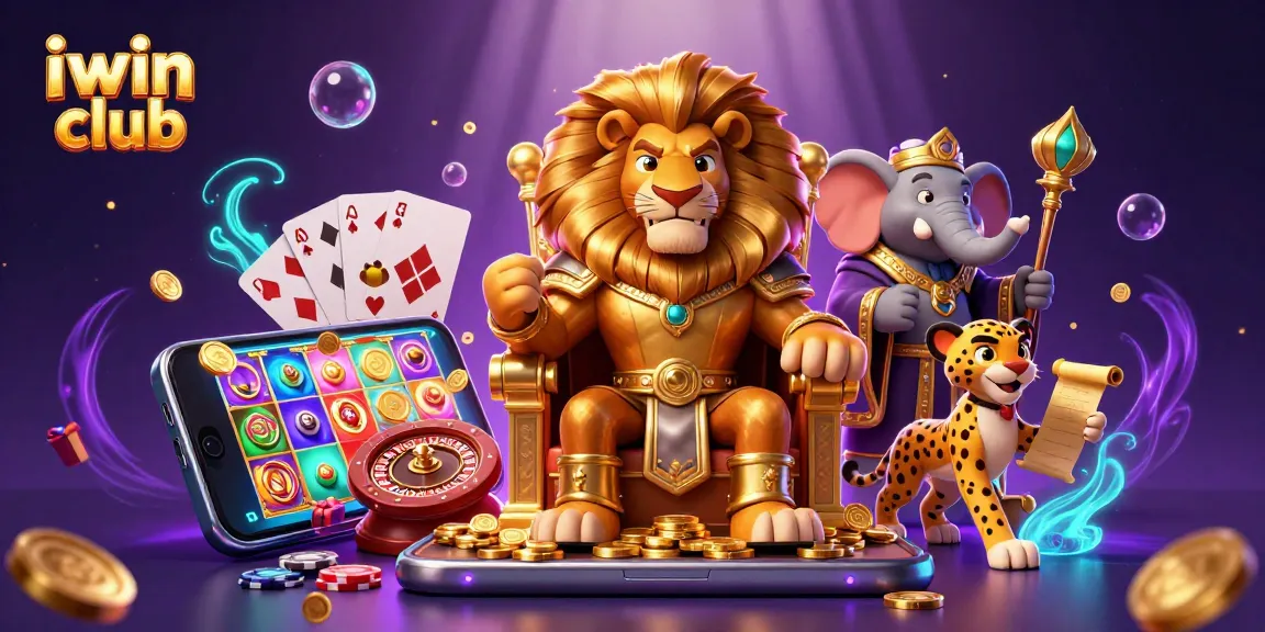 Experience the excitement at iwin club with a vibrant scene of a fierce lion king, wise elephant, and swift cheetah.