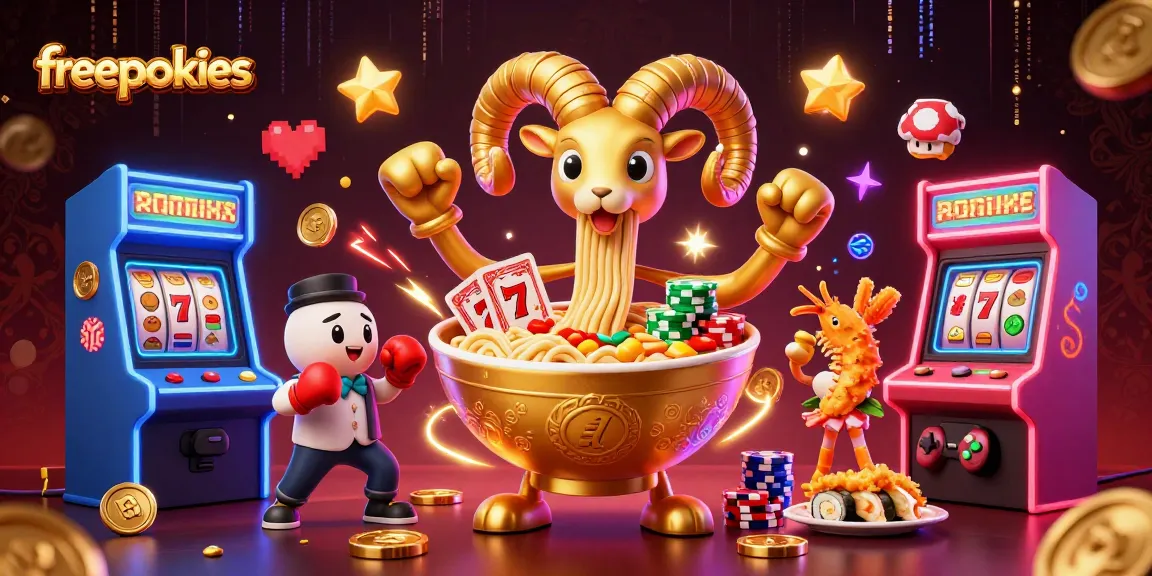 Experience freepokies excitement with a giant ramen bowl dealer, colorful arcade elements, and cheerleaders.