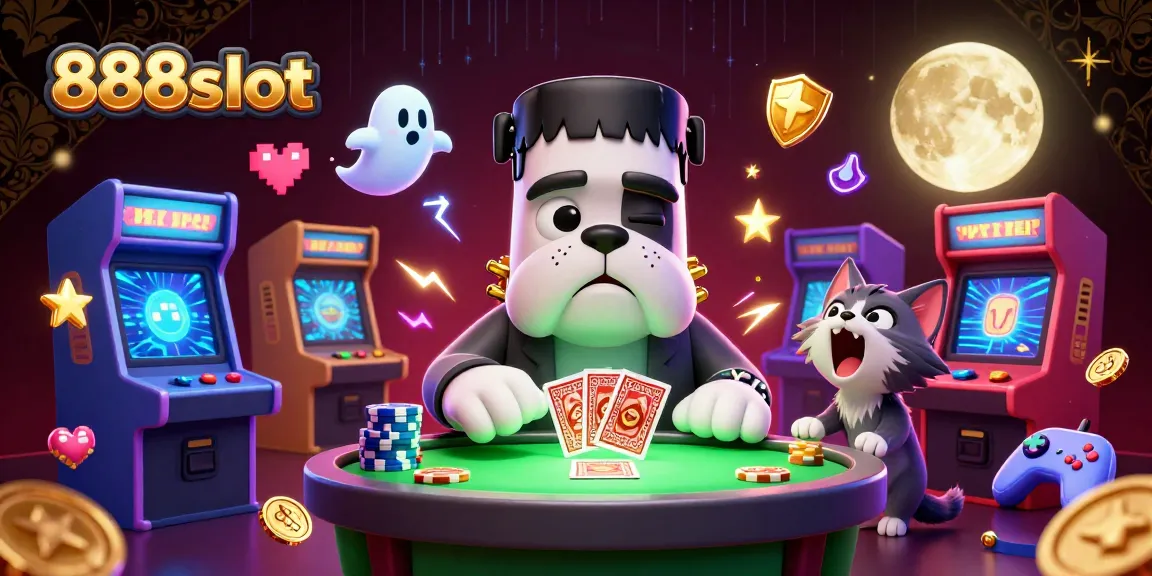 Engage with thrilling 888slot games featuring the Frankenstein bulldog and lively scene.