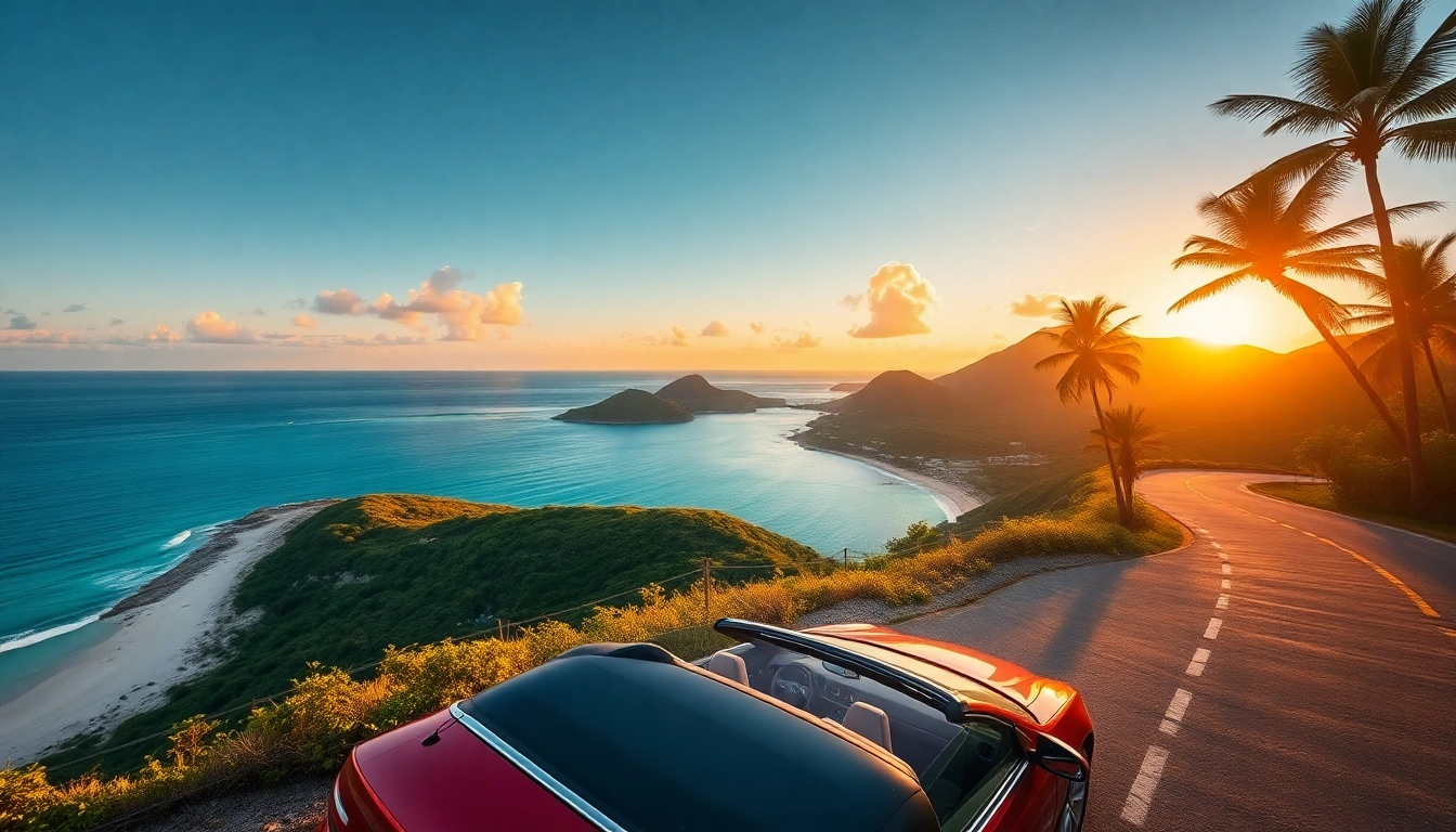 Scenic view featuring car rental st barts with a convertible on a coastal road.