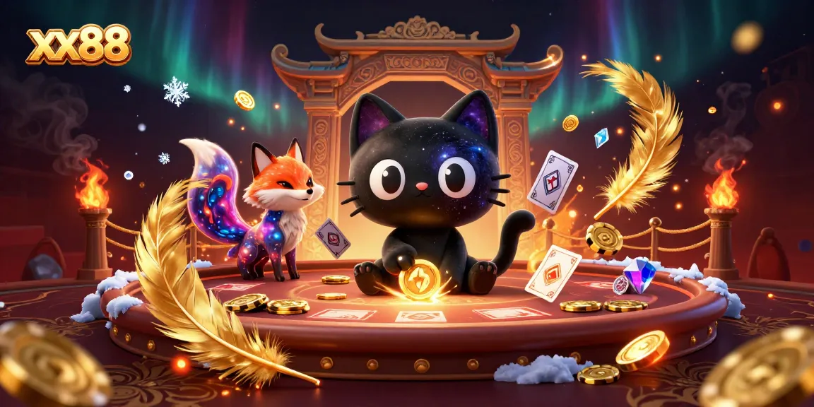 xx88 engages players with a cosmic casino adventure featuring a black hole cat pulling in winning chips and cards.