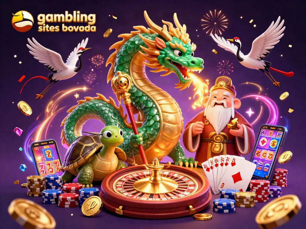 Experience thrilling action at gambling sites like bovada with a magical casino scene featuring dragons and lucky cranes.