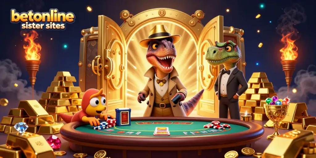Engage with betonline sister sites through a lively casino scene depicting a velociraptor card counter at blackjack.