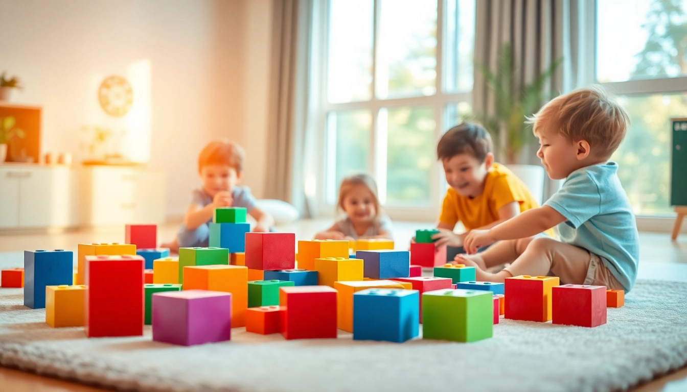 Kids playing with colorful soft building blocks; click here to learn more about building safety.