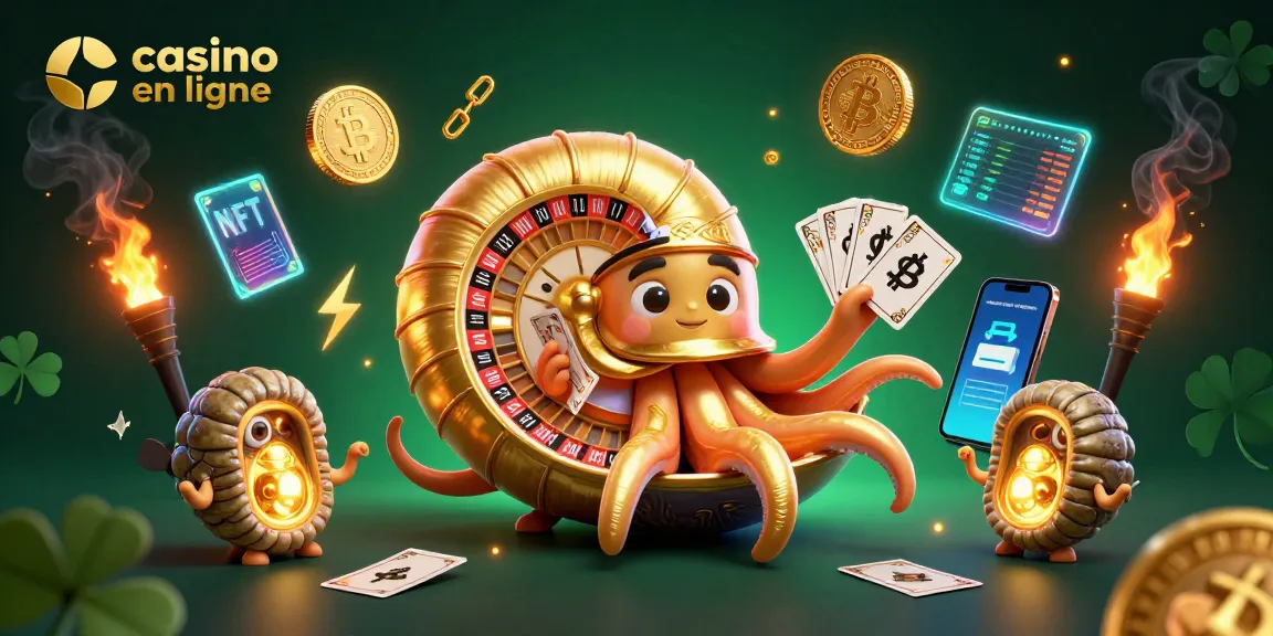 Profitez de l'expérience du casino en ligne avec une illustration 3D d'un nautilus géant jouant aux cartes et entouré de crypto-monnaies scintillantes.